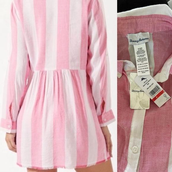 Tommy Bahama Rugby Beach Stripe Boyfriend Shirt Cover-up pink coral Coast : XS - Picture 9 of 9